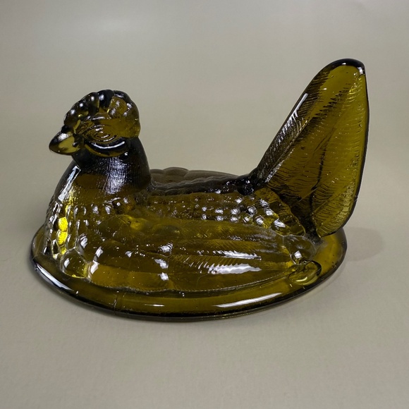 Indiana Glass Other - Vintage Amber Glass Hen on Nest Lid – 5" | Mid-Century Decorative Glass